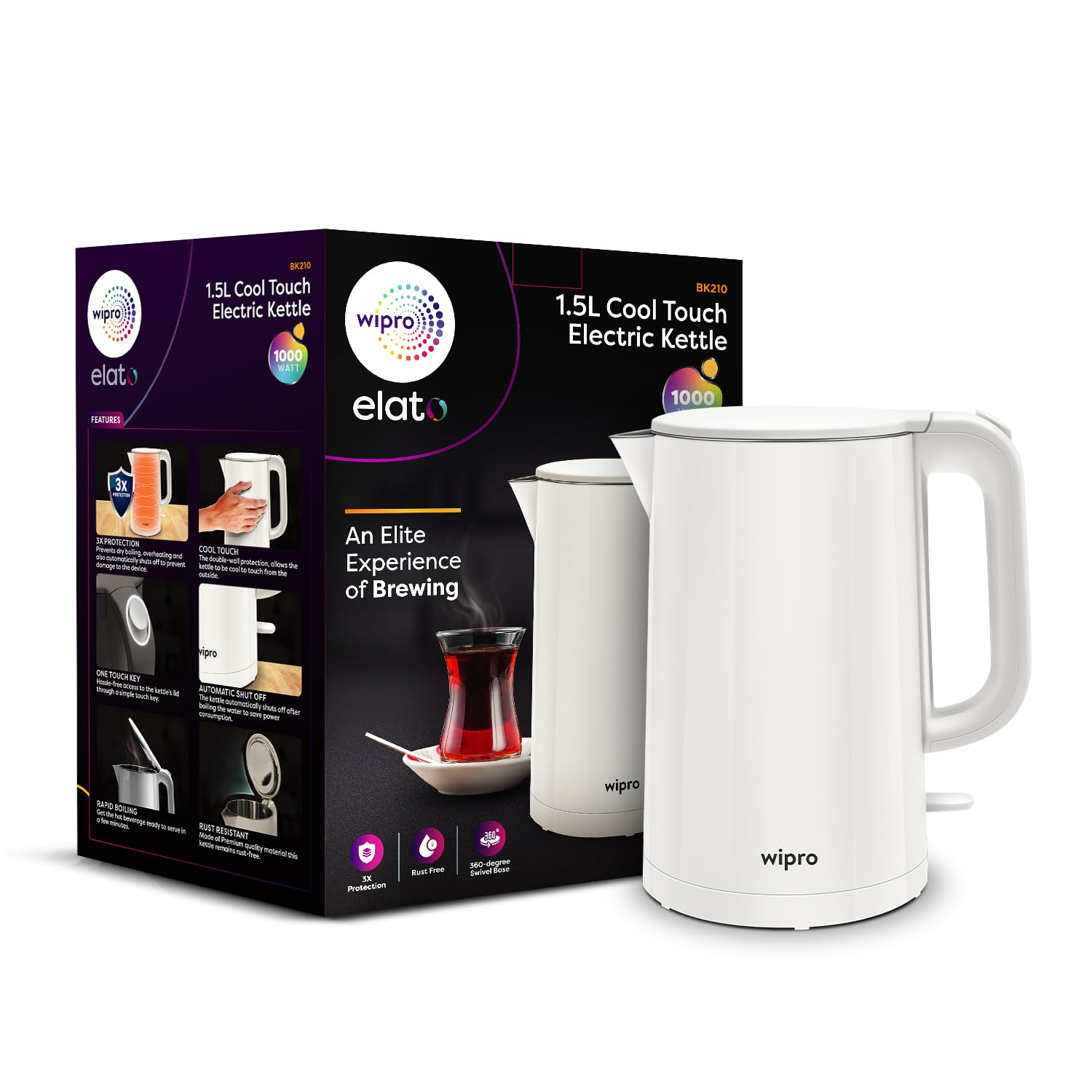 Wipro Elato BK210 Cool Touch Double Layer Electric Kettle, 1.5 Litres, Anti - Rust Shield